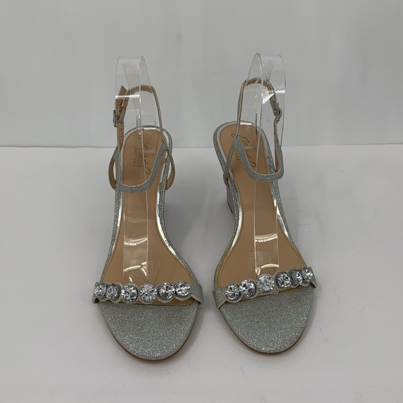 Jewel Badgley Mischka wedge shoe silver metallic glitter clear crystal sandal 11 - Picture 3 of 7